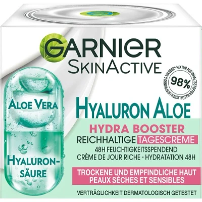 Abbildung von Garnier Hyaluron Aloe Hydra Booster Feuchtigkeitspflege, Reichhaltige und feuchtigkeitsspendende Tagescreme, Mit Vera, Vegane Formel, SkinActive, 50 ml