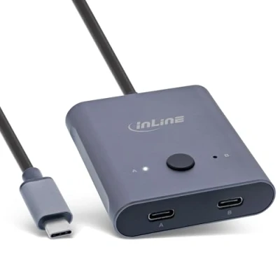 Abbildung von InLine USB C Switch, bidirektional (Daten und Video), 2 in 1 Out oder Out, Verteiler/Umschalter für PCs, 8K@60Hz 4K@60Hz Video, 10 Gb/s Datenübertragung, 100W Aufladen, 60603T