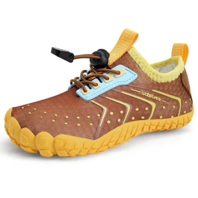 Abbildung von Barfußschuhe Wasserschuhe Kinder Jungen Mädchen Aqua Schwimmen Nass Riff Schuhe für Strand Pool Wasser Sport Non Slip Schnell Trocknen（Braun Gelb 29