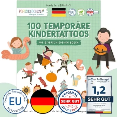 Abbildung von Papierdrachen 100 Kindertattoos zum Aufkleben aus Deutschland Tattoos mit Jahreszeiten und weiteren kindgerechten Designs als Geburtstagsmitgebsel vegan Diversity Set 13