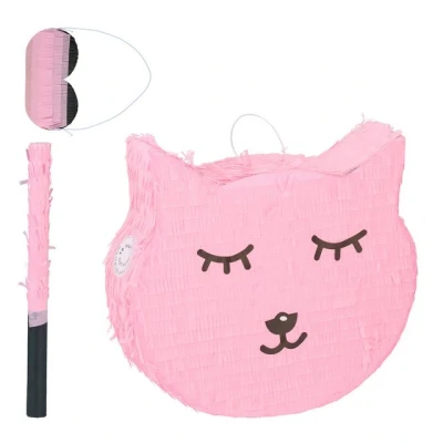 Abbildung von Relaxdays Katzen Pinata, mit Stab &amp; Maske, Partypinata Kinder, Geburtstag, zum Befüllen, HxBxT: 34 x 37 9,5 cm, rosa