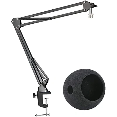 Abbildung von Sunmon Mikrofonständer mit Schaumstoff Windschutzscheibe für blauen Schneeball, Aufhängung, Scherenarm Ständer Pop Filterabdeckung Mikrofone iCE USB Mikrofon