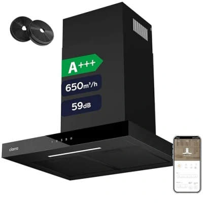 Abbildung von CIARRA CBCB6102 A+++ Dunstabzugshaube 60 cm Umluft mit App Touch Bedienung Abluft Abzugshaube 650m3/h CBCF003 Aktivkohlefilter TouchControl 4 Stufen Inkl. Booster Schwarz