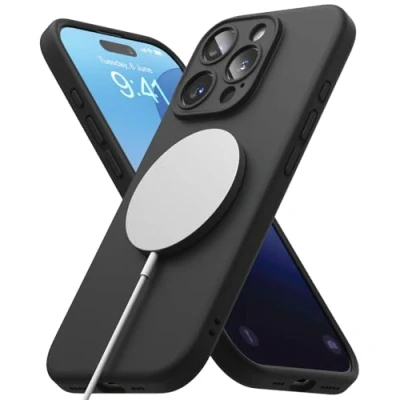 Abbildung von Ringke Silicone Magnetic Case [Kompatibel mit MagSafe] für iPhone 16 Pro Max Hülle, Weiche Beschichtung Anti Kratzer Schlank Leicht Schutz Handyhülle Magnet Ladegerät/Zubehör Black