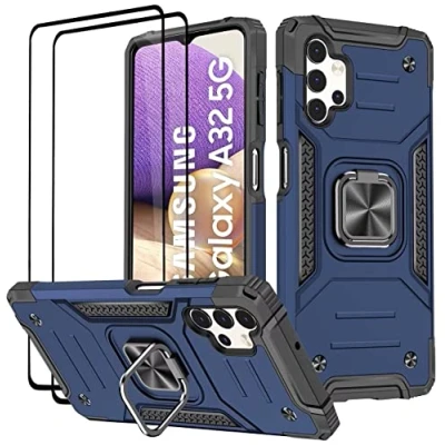 Abbildung von KANSi Hülle kompatibel für Samsung Galaxy A32 5G, Schutzfolie [2 Stück] Silikon TPU Hart PC Handy Hüllen 360 Grad Drehbar Ringhalter Bumper Stoßdämpfung Schutzhülle 5G Blau