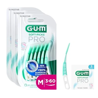 Abbildung von GUM SOFT PICKS PRO Interdentalreiniger gebogene Form für leichten Zugang zu schwer zugänglichen Stellen sanfte Wirkung empfindliches Zahnfleisch [M 3x60] (+1 Gratisprobe)