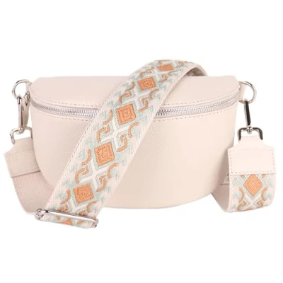 Abbildung von MIRROSI® Bauchtasche Damen, Echtleder, Made in Italy, Umhängetasche, Brusttasche, Crossbody Bag (1 Tasche &amp; 2 Gurte) (Beige (Rauten Beige Green), Große (28x18x9cm))