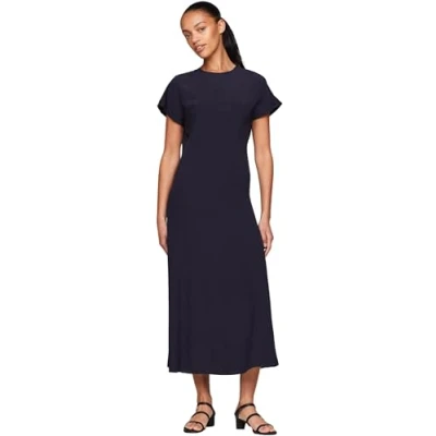 Abbildung von Tommy Hilfiger Damen Kleid Viscose Crepe Maxi Dress Kurzarm, Blau (Desert Sky), 40