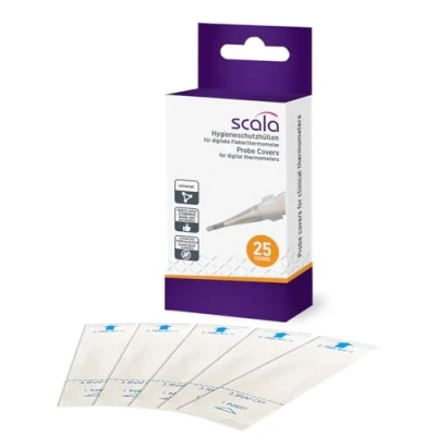 Abbildung von scala 25 Stück Hygieneschutzhüllen für digitale Thermometer ohne Gleitmittel (Einweghygiene) Messspitzenabdeckung zur oral , rektal Achsel Messung