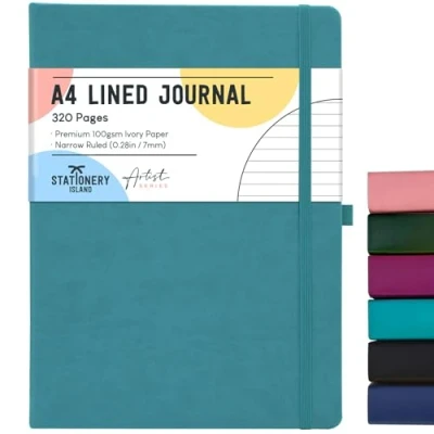 Abbildung von STATIONERY ISLAND A4 liniertes Notizbuch, 320 Seiten dickes Tagebuch, Hardcover mit 100 g/m² zum Schreiben, Arbeiten, Lernen, Blaugrün