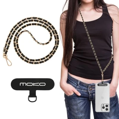 Abbildung von MoKo Metall Handykette Universal, Abnehmbar Freihändig Schlüsselband Crossbody Handyband für Reisen, Wandern, Tägliches Pendeln, Handy Lanyard iPhone &amp; meiste Smartphones, Gold Schwarz