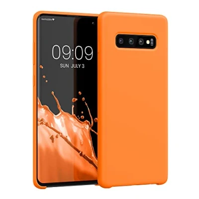 Abbildung von kwmobile Hülle kompatibel mit Samsung Galaxy S10 Plus / S10+ Silikon Handy Case Handyhülle weiche Oberfläche kabelloses Laden Fruity Orange