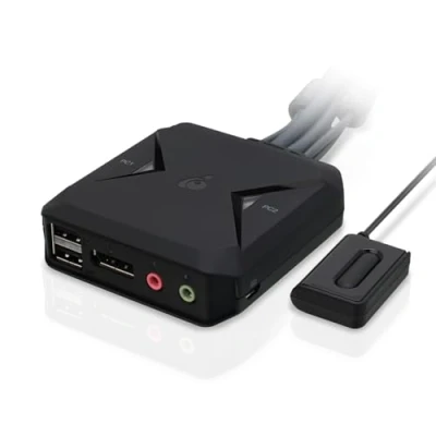 Abbildung von IOGEAR USB KVM Switch DisplayPort 4K@30Hz mit Kabel und Fernbedienung, 2 PCs an 1 Monitor, Plug and Play, 7.1 HD Audio, 1.1 HDCP kompatibel, Kompatibel Windows, Mac Linux