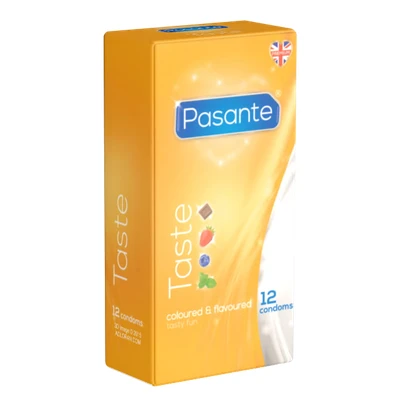 Abbildung von Pasante Taste, bunte Kondome mit Geschmack für Oralverkehr (Blaubeere, Erdbeere, Minze, Schokolade), 1 x 12 Stück