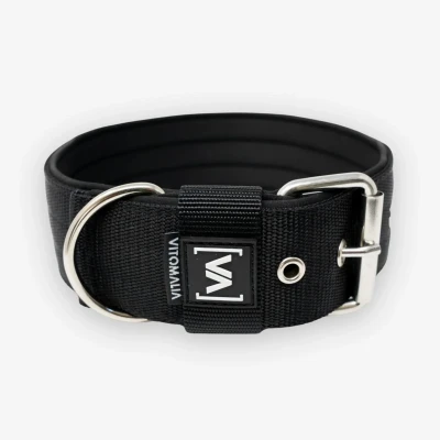 Abbildung von VITOMALIA® 5cm Breites Hundehalsband mit abstehender Neopren Innenfütterung für Hunde, Silberfarbende Edelstahl Dornschnalle, große Hunde (5cm/L = 45cm 55cm, Schwarz)
