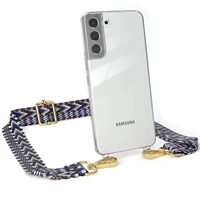 Abbildung von EAZY CASE Handykette Flexibler Trageriemen kompatibel mit Samsung Galaxy S22 Plus, Schultergurt zum Umhängen, Taschenriemen, Band austauschen, Wechselgurt, Blau/Weiß Metall Gold