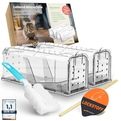 Abbildung von Fairfield Lebend Mausefalle [2er Set] tierfreundlich hochempfindl. Mäusefalle inkl. Futter zum anlocken mit Wasserbehälter wiederverwendb. Lebendfalle Maus extra Luftlöcher Schwanzschutz