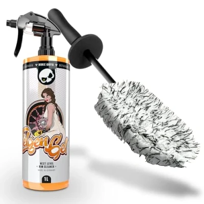 Abbildung von Nuke Guys Felgen Reinigungsset Felgenreiniger 1l mit Wirkindikator + Mikrofaser Felgenbürste Stark gegen Bremsstaub &amp; Flugrost Reinigung Set für Auto Motorrad