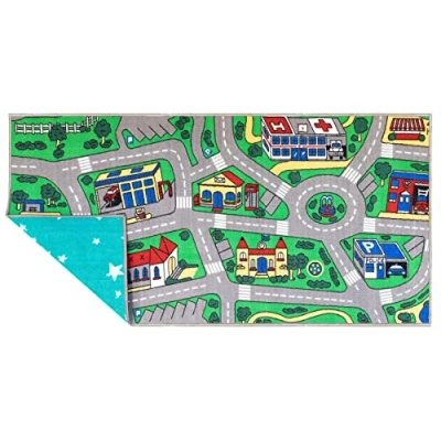 Abbildung von Primaflor Spielteppich mit City Star Design für Kinder 80 x 150 cm pflegeleichter Kinderteppich Straßen