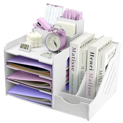 Abbildung von Briefablage Organizer, A4 Papier Ablagefächer, 4 stöckiges Büro Aktenablage, Schreibtisch Datei Tidy Organizer mit stapelbarer Ablage Stifthalter (weiß)