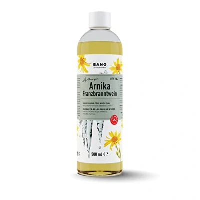 Abbildung von BANO Tiroler Arnika Franzbranntwein 500ml, Ideal vor und nach Sport, sowie bei Muskelkater, zum Kühlen schwerer Beine, enthält 65% vol. Alkohol, Latschenkieferöl, Menthol Arnikaextrakt
