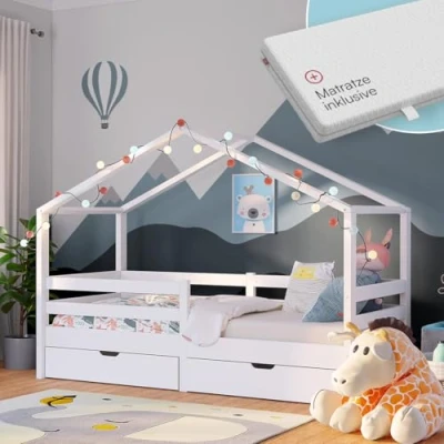 Abbildung von Bellabino Abia Kinderbett 90x200 cm Hausbett mit Matratze, Rausfallschutz, Lattenrost &amp; 2 Schubladen Montessori Kinder Bett aus Massivholz Kiefer für Jungen und Mädchen in Weiß