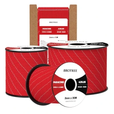 Abbildung von Brotree Paracord 3mm 30M 100% Nylon Seil Schnur Typ II 425 mit 3 Kern für Survival, Outdoor, Armband, Basteln Bruchlast 192kg (Reflektierende Rot)