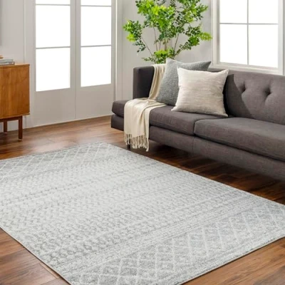 Abbildung von Surya Nice Teppich Wohnzimmer Boho, großer Schlafzimmer 160x228 cm für Esszimmer mit geometrischem Muster, Skandinavischer Wohnzimmerteppich modern in Hellgrau und Weiß