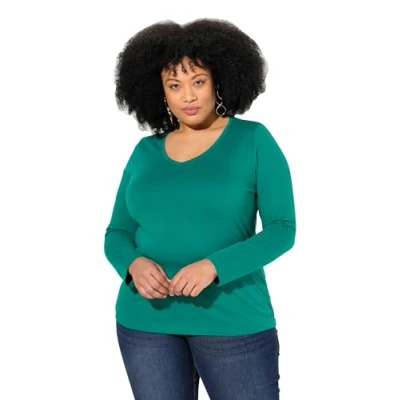 Abbildung von Ulla Popken GRÖSSEN BIS Basic Vausschnitt Reine Langarmshirt, Damen, Größe: 46/48, Emerald green