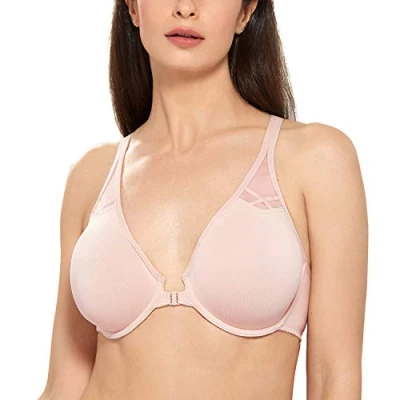 Abbildung von DELIMIRA Damen Vollschalen Vorderverschluss Seamless BH mit Bügel Ungepolster BHS Große Brüste Racerback Nacktes Rosa 95B