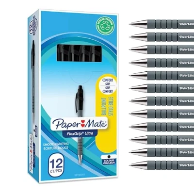 Abbildung von Paper Mate Flexgrip Ultra Druckkugelschreiber mittlere Spitze (1,0 mm) schwarz stifte set Schulsachen und bürobedarf 12er Box