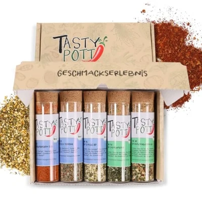 Abbildung von Tasty Pott Dank Box I Bio Gewürze Gewürz Set Geschenk Idee für Familie und Freunde Würzig Spices Gewürzmischungen im Glas (Gewürze der Welt, Alles Gute!)