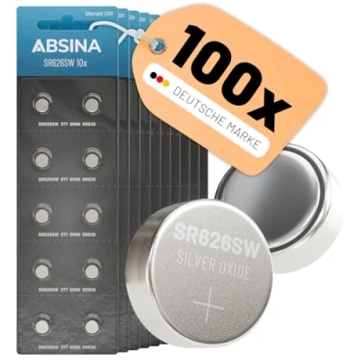 Abbildung von ABSINA SR626SW Uhrenbatterie 1,55V Silberoxid 10x 10er Pack Knopfzellen auslaufsicher &amp; Lange Haltbarkeit 377 / SR66 SR626 AG4 Batterie SR626SW, Uhrenbatterien Knopfzelle