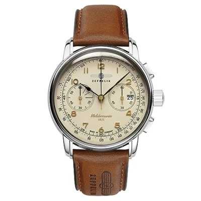 Abbildung von ZEPPELIN Fliegeruhr 9670 5 Mediterranee Chronograph Beige Lederband Braun 42 mm, Made in Germany