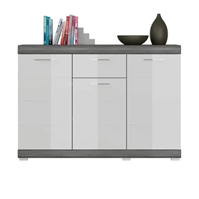 Abbildung von xonox.home Wohnen Scout X06B2903 Sideboard Kommode Schrank in Front weiß Hochglanz Korpus rauchsilber Nb.,ca.120x85x37 cm