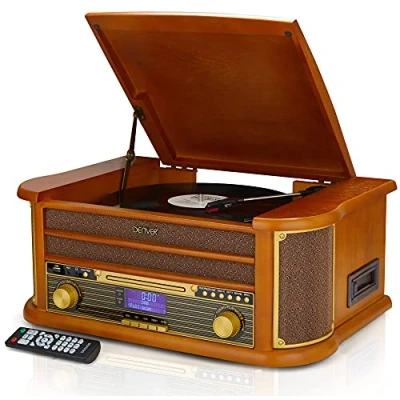 Abbildung von Denver 9 IN 1 Retro Vintage DAB Bluetooth Holz Radio Record Player mit Lautsprechern DAB+ Radio, UKW, Plattenspieler, Kassette &amp; CD Player, AUX IN, MP3 USB Aufnahme, und Line Out MRD 51BT