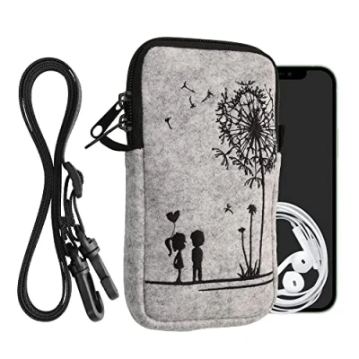 Abbildung von kwmobile Handytasche für Smartphones L 6,5&quot; Filz Handy Hülle Schwarz Hellgrau Tasche mit Kette 16,5 x 8,9 cm Innenmaße Pusteblume Love