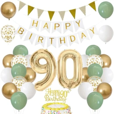 Abbildung von 90. Geburtstag Dekoration Salbeigrüne, Grün Gold Luftballon Deko mit Zahl 90 Folienballon, Happy Birthday Banner, Tortendeko für Frau Mann