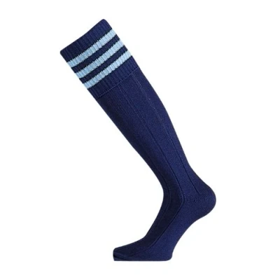 Abbildung von Mitre Mercury 3 Streifen Fußballsocken für Kinder Fußballmannschaft Kit leichte, Lange Sportsocke atmungsaktiv, Marineblau/Himmelblau, Mini (30 34)