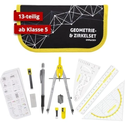 Abbildung von DynaTech Zirkel Set Geometrieset 13 Teilig mit Schnellverstellzirkel, Geodreieck, Parabel, Bleistift, Lineal, Spitzer und Ersatzminen im Etui praktisches Mathematik inkl. Federmappe (Gelb)