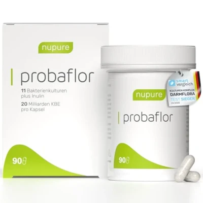 Abbildung von Nupure® Probaflor 90 Kapseln, Mit 1.800 Mrd KBE/kasten*, 11 Spezielle Bakterienstämme, Inulin und Lactobacillus salivarius SP2, Besser geschützt dank Spezialdose, Vegan