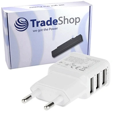 Abbildung von Trade Shop Mini 3 Fach Mehrfachsteckdose Universal Netzteil Reiseadapter Netzstecker 220V Ladegerät USB Adapter Flach für Samsung Galaxy A9 J3 S7 Edge