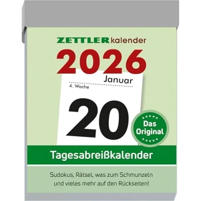 Abbildung von Zettler Tagesabreißkalender M 2026 5,4x7,2 cm Bürokalender 1 Tag Auf Seite mit Sudokus, Sprüchen, Rätseln uvm. den Rückseiten