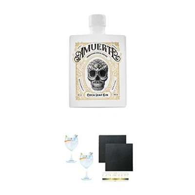 Abbildung von Amuerte Coca Leaf Gin 0,7 Liter White Edition + Sul Copo Ballon Glas 2 Stück Schiefer Glasuntersetzer eckig ca. 9,5 cm Ø