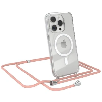 Abbildung von EAZY CASE Handykette kompatibel mit iPhone 15 Pro Kette zum Umhängen Stoßfest Handyhülle für Silikon Hülle Band Handytasche Transparent als Fallschutz in Alt Rosa Clips Silber