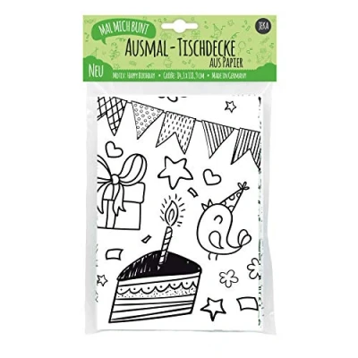 Abbildung von Papier Tischdecke zum Ausmalen, Motiv Happy Birthday, für Kindergeburtstag mit vielen Ausmalbilder, Deko, Mal Mich Bunt