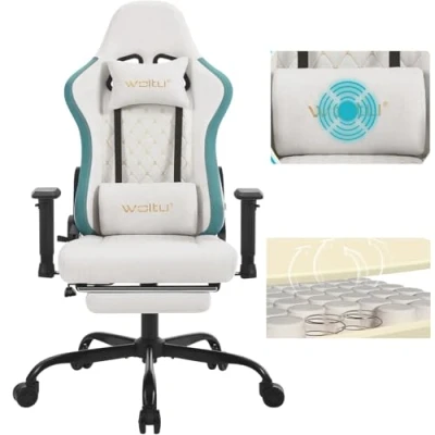 Abbildung von WOLTU Massage Gaming Stuhl, Bürostuhl ergonomisch, Racing Gamer Sessel, Computerstuhl 150 kg, Drehstuhl mit Rollen, Kopfstütze, Fußstütze, Lendenkissen, Tech Stoff, Blau + Weiß, GS09bws