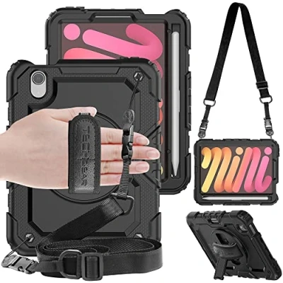 Abbildung von TECHGEAR Utility Hülle für iPad Mini 6 2021 6. Generation (8.3 Zoll) Robust Heavy Duty Stoßfeste Schutzhülle mit 360 Grad Schwenk ständer, Hand Schultergurt Eingebaut Bildschirm Schwarz