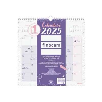 Abbildung von Finocam Schicker Wandkalender 2025, Monatsansicht, Januar 2025 Dezember (12 Monate), schickes Violett, Katalanisch