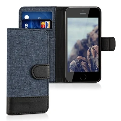 Abbildung von kwmobile Wallet Case kompatibel mit Apple iPhone SE (1.Gen 2016) / 5 5S Hülle Ständer Handyhülle Kartenfächer Dunkelblau Schwarz